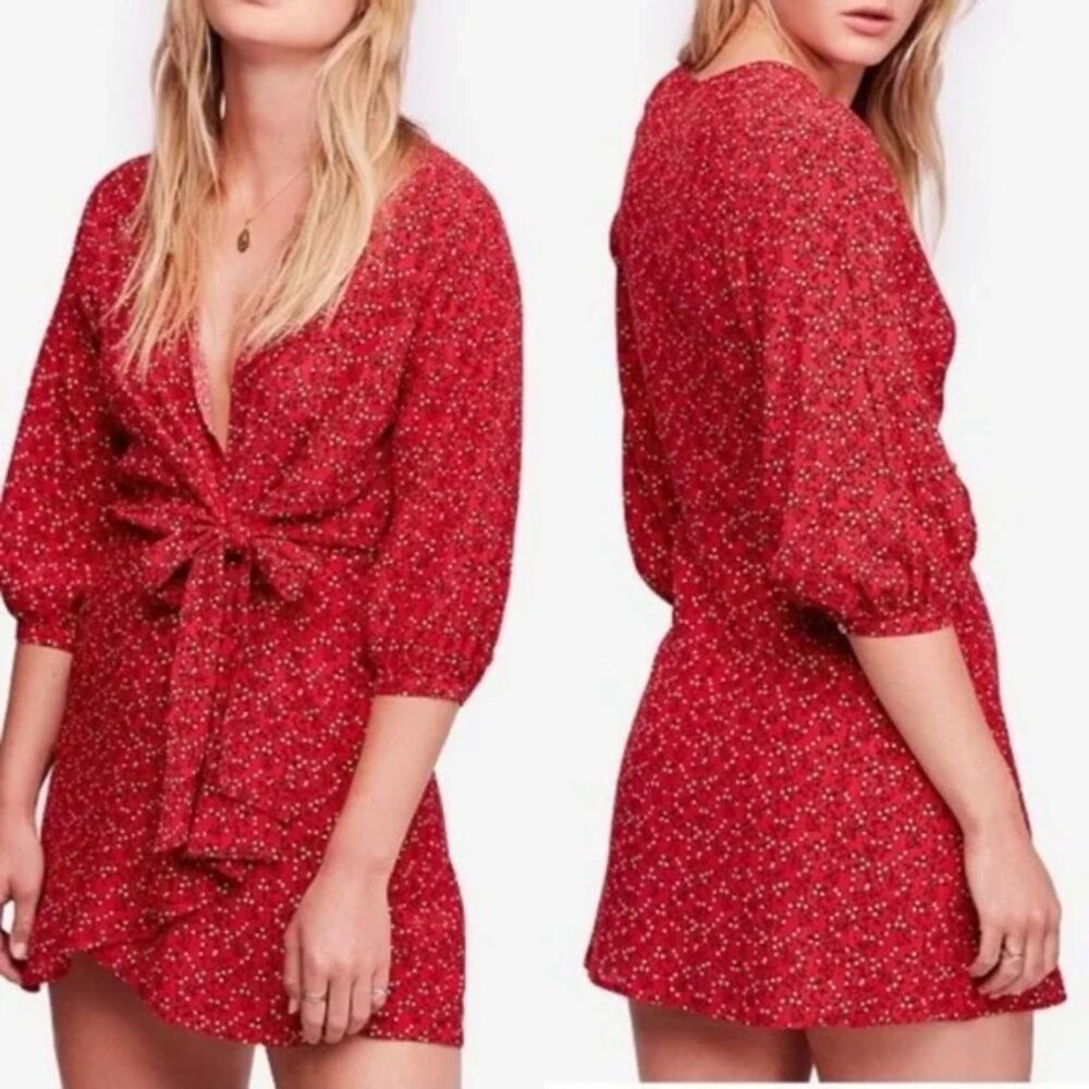 Free People Clara Floral Tunic Mini Dress Women's L Red Ditsy Print Daisy Boho
